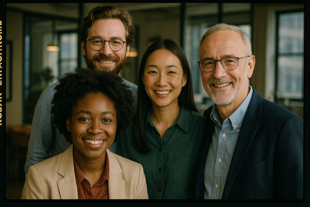 Grupo diverso de profissionais sorrindo em ambiente de escritório moderno, representando pluralidade cultural e colaboração em equipe.