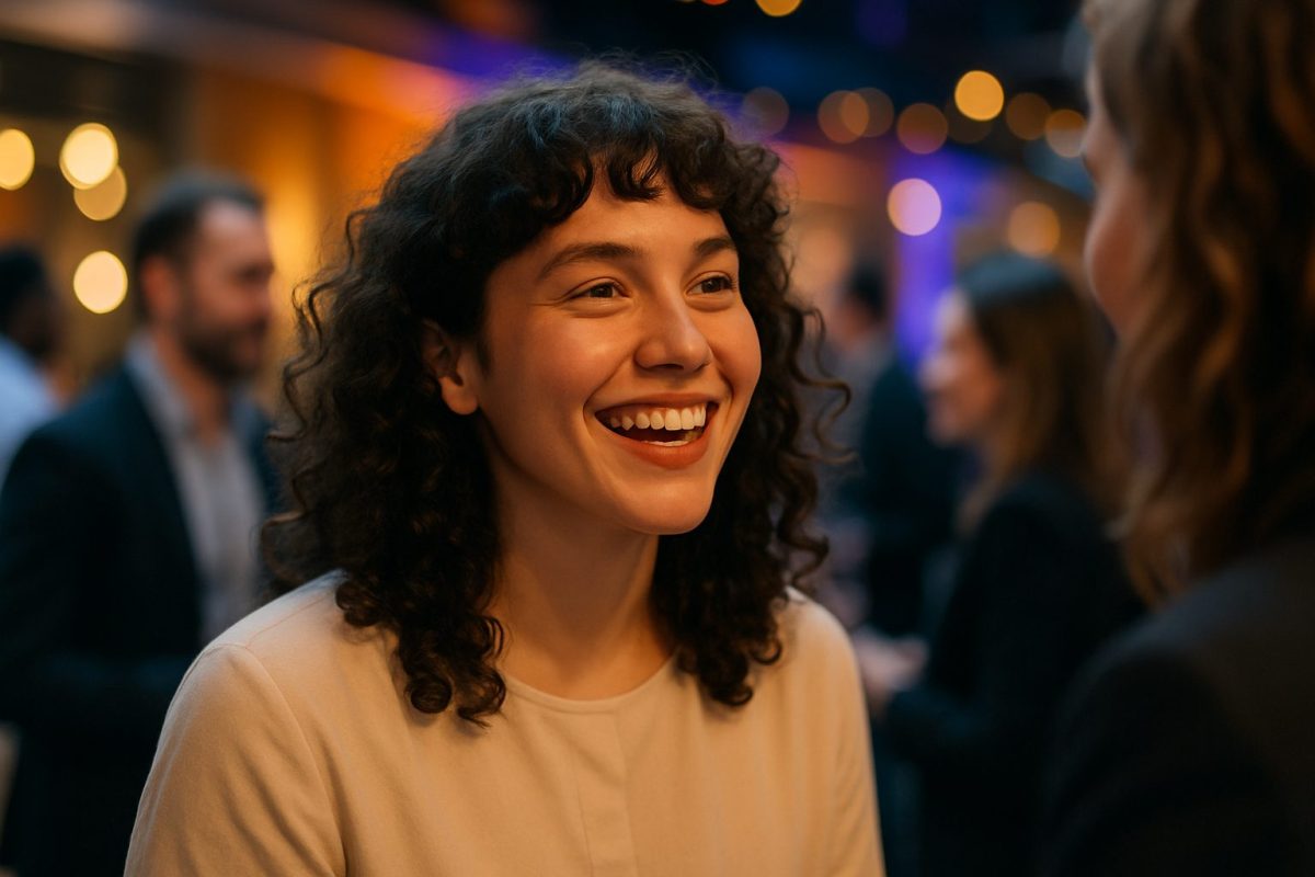 Mulher jovem com cabelos cacheados e sorriso vibrante interage durante evento corporativo, com ambiente ao fundo iluminado e repleto de pessoas em networking.