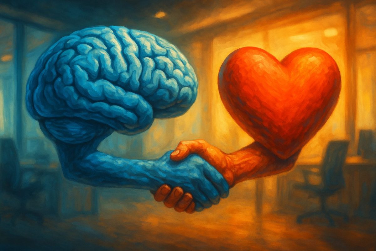 Representação artística de um cérebro e um coração apertando as mãos em um escritório, simbolizando a inteligência emocional no trabalho.