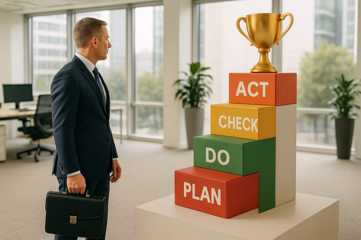 Homem de negócios observa uma escada moderna com blocos representando as fases do PDCA (Plan, Do, Check, Act), com um troféu dourado no topo, em um escritório com vista urbana.