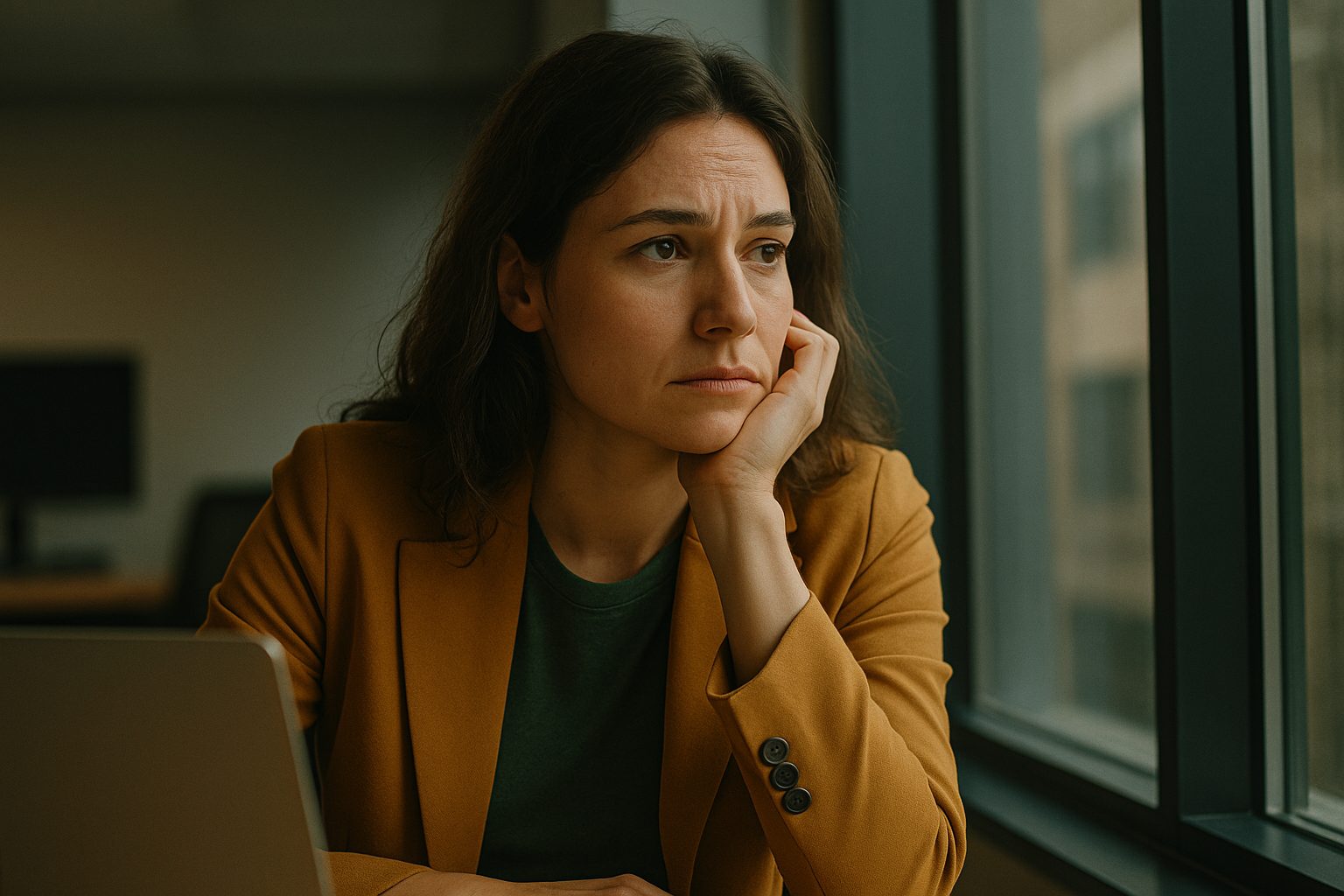 Mulher jovem em ambiente corporativo moderno, olhando pela janela com expressão introspectiva, simbolizando vulnerabilidade no trabalho.