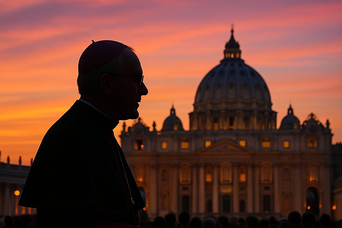 Silhueta de bispo em frente à Basílica de São Pedro ao pôr do sol, representando o poder simbólico de grandes eventos e sua relação com palestras corporativas.