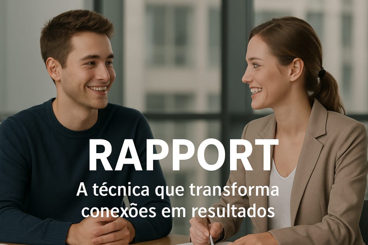 Jovem profissional de suéter azul conversa sorridente com uma colega em um escritório moderno, criando um momento de conexão e empatia.