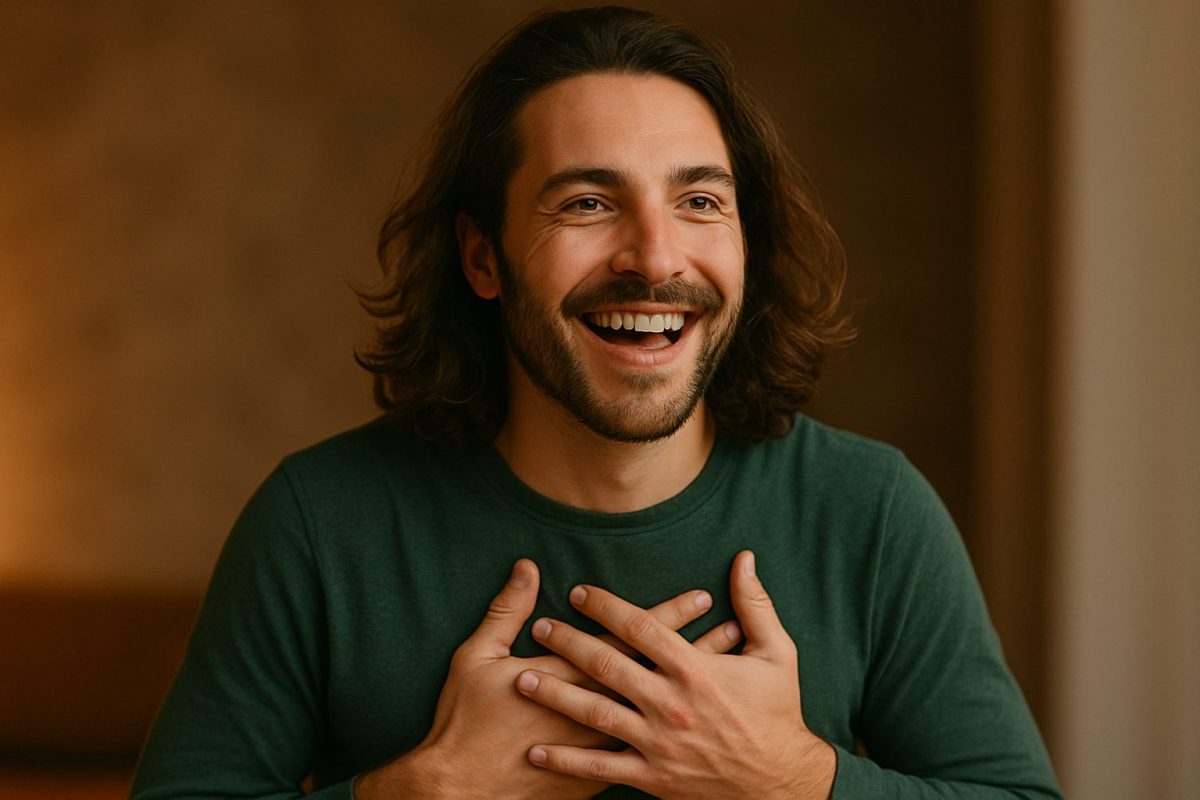 Homem de cabelos compridos sorrindo com mãos sobre o peito, expressando entusiasmo e frio na barriga no trabalho.
