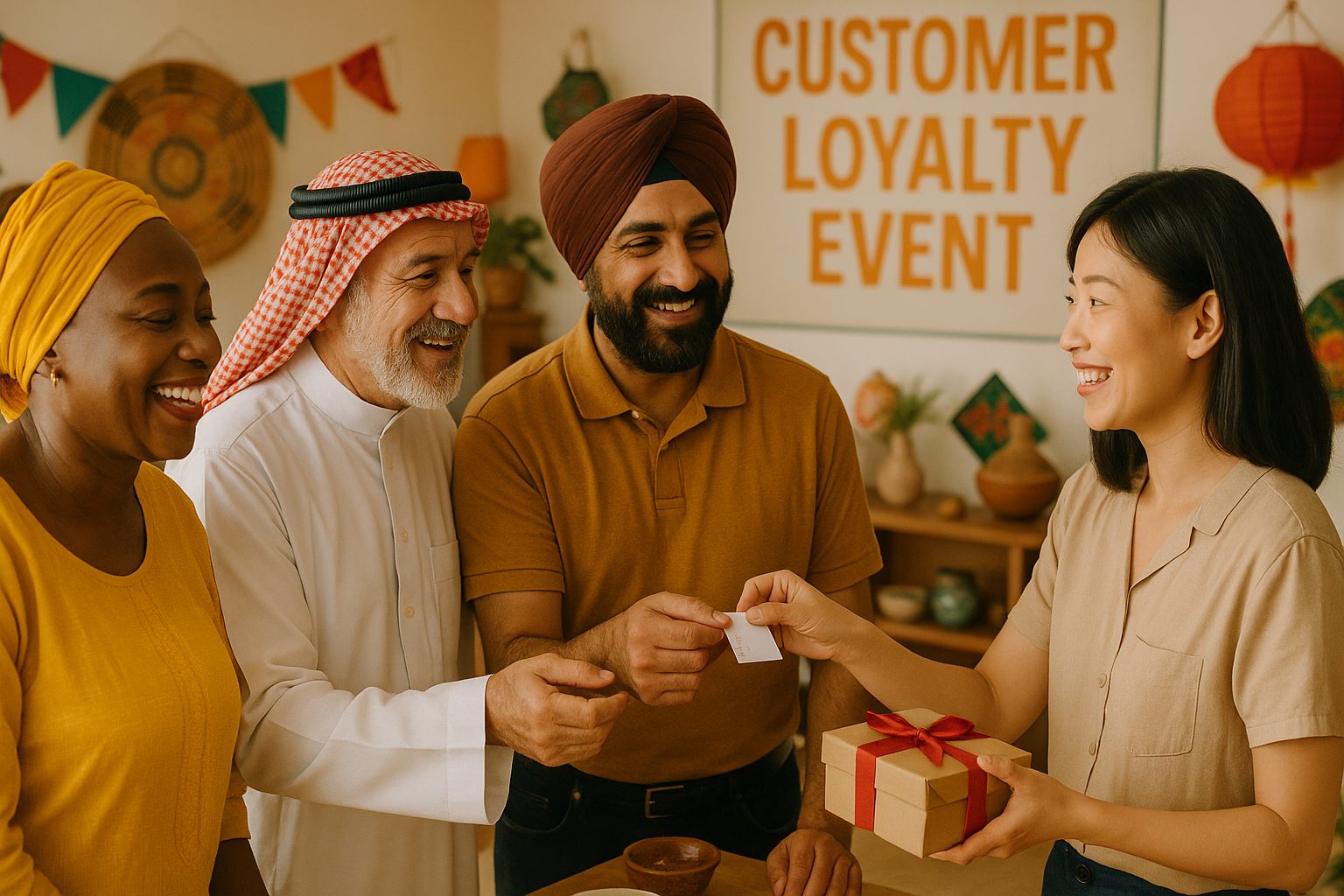 Clientes de diferentes culturas interagem sorridentes com uma anfitriã em um evento de fidelização, recebendo um presente e um cartão de participação