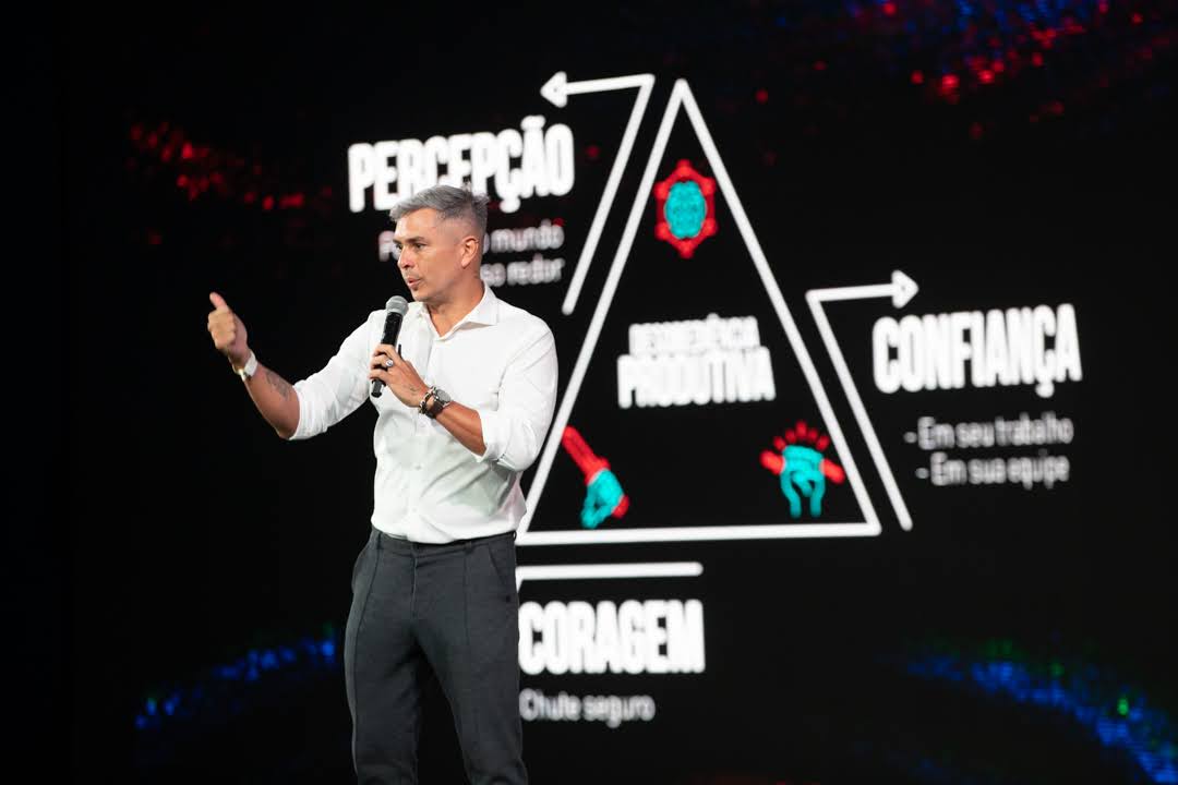 Ivan Moré em apresentação ao vivo durante sua palestra Desobediência Produtiva, gesticulando com convicção diante de uma tela com o triângulo do método: percepção, confiança e coragem.