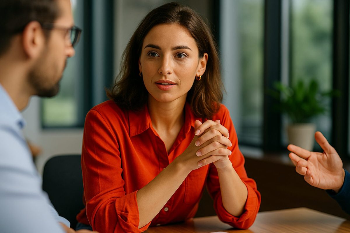 Profissional com expressão atenta participa de reunião, simbolizando escuta ativa e colaboração no ambiente corporativo.