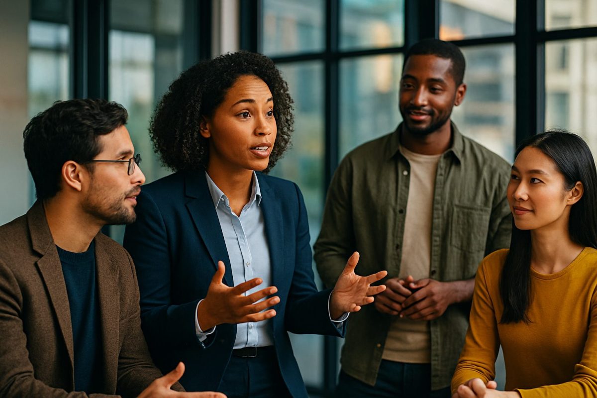 Quatro profissionais diversos, reunidos em um escritório moderno, engajados em uma conversa colaborativa, simbolizando a importância da comunicação assertiva no ambiente corporativo.