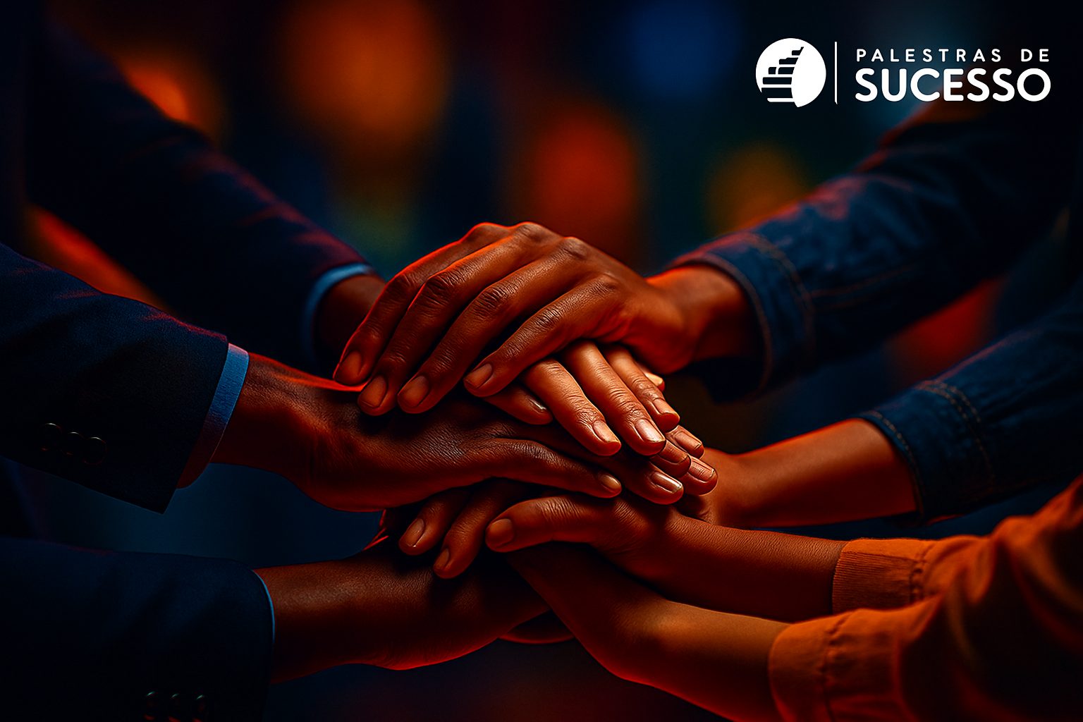 Mãos de pessoas diversas sobrepostas no centro, simbolizando união, colaboração e senso de pertencimento, com o logo da Palestras de Sucesso no canto superior direito.