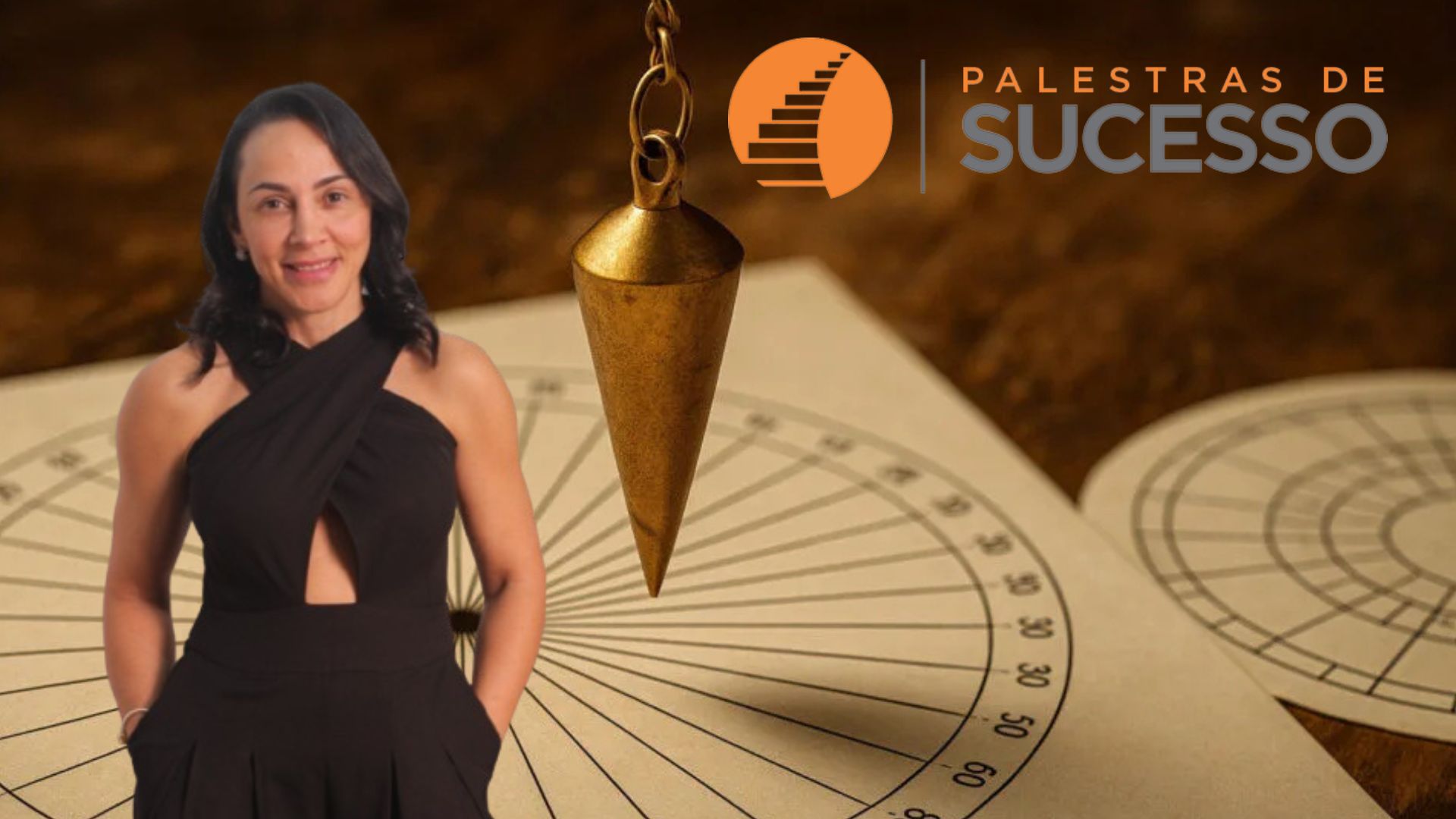 Mulher de vestido preto em frente a gráficos radiestésicos com pêndulo dourado, ao lado do logo "Palestras de Sucesso".