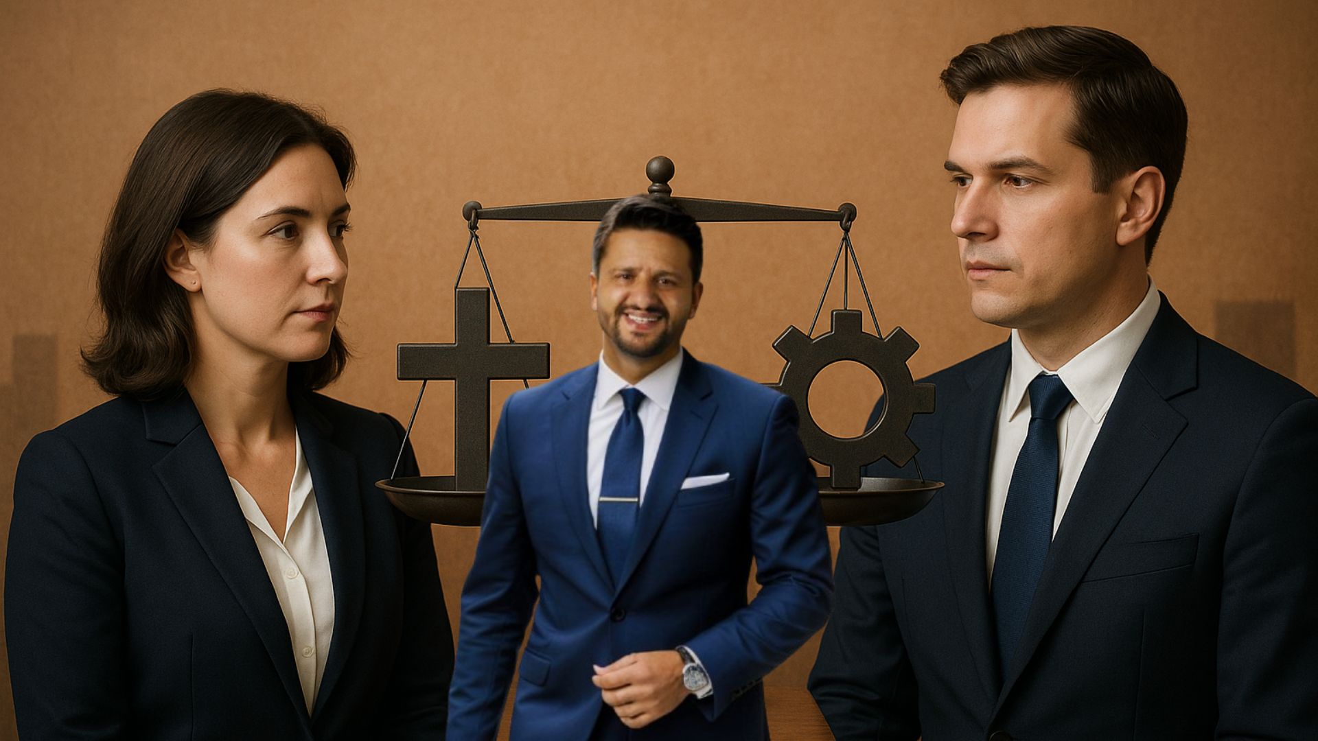 Três profissionais usando ternos formais, com uma balança no centro equilibrando uma cruz cristã e uma engrenagem, simbolizando fé e autorresponsabilidade no ambiente corporativo.