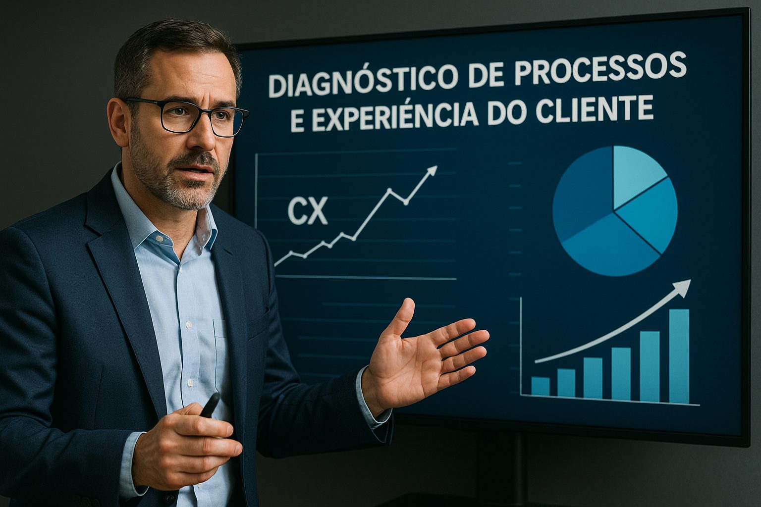 Profissional apresenta dados de diagnóstico de processos e experiência do cliente em painel digital com gráficos e indicadores de CX.