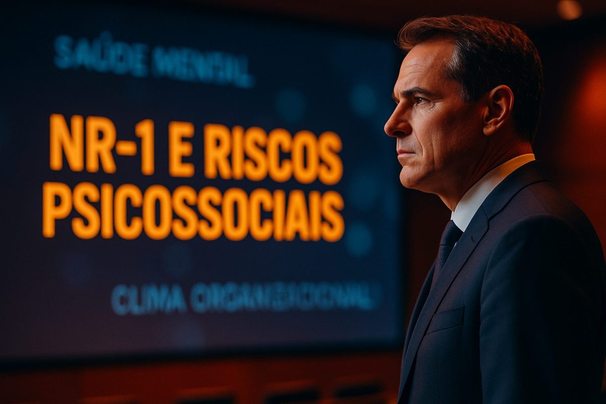 Close cinematográfico de líder corporativo em auditório moderno com projeção da frase “NR-1 e riscos psicossociais” no telão.