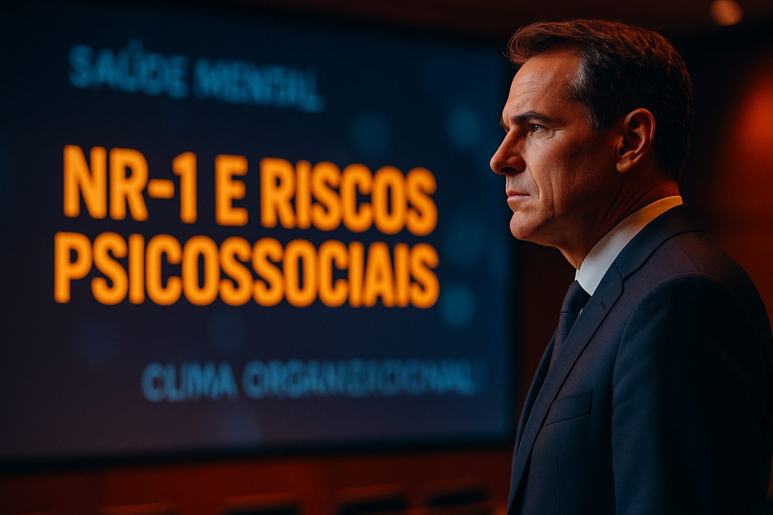 Close cinematográfico de líder corporativo em auditório moderno com projeção da frase “NR-1 e riscos psicossociais” no telão.