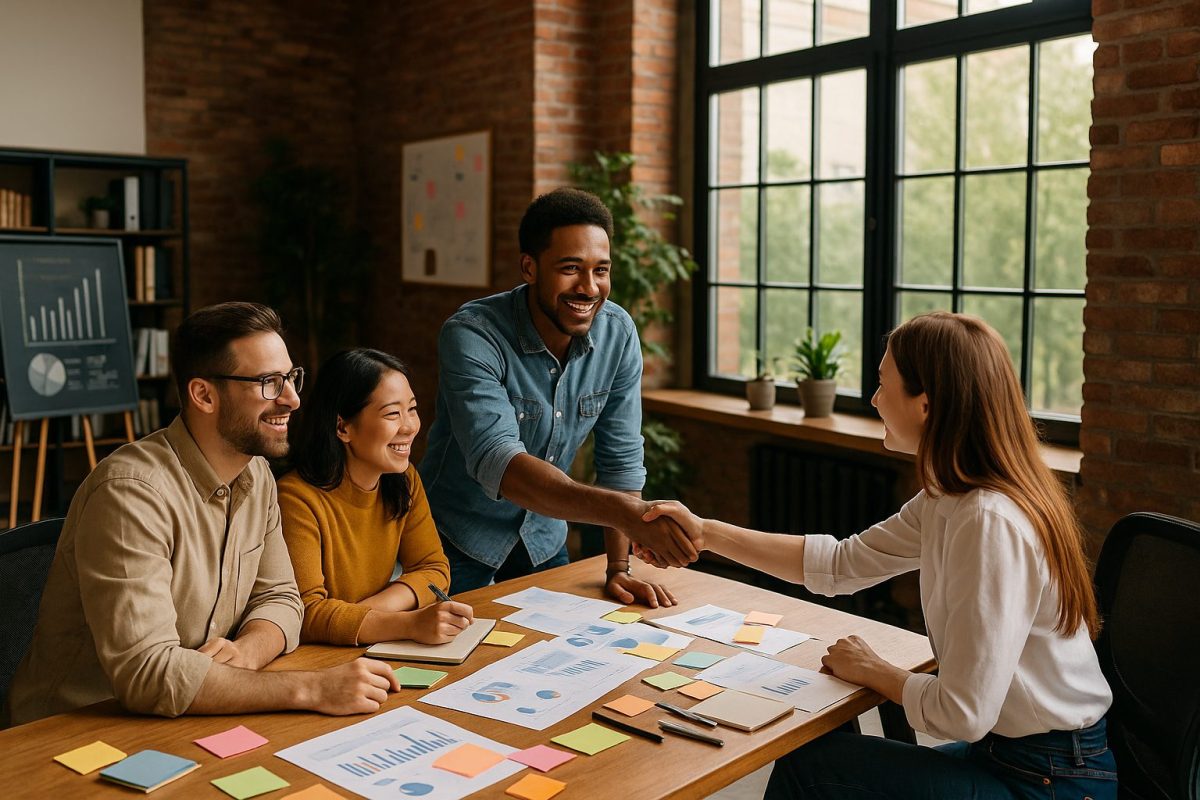 Ambiente de escritório moderno e aberto, com profissionais interagindo em grupos, compartilhando ideias e trabalhando juntos em um cenário de colaboração.