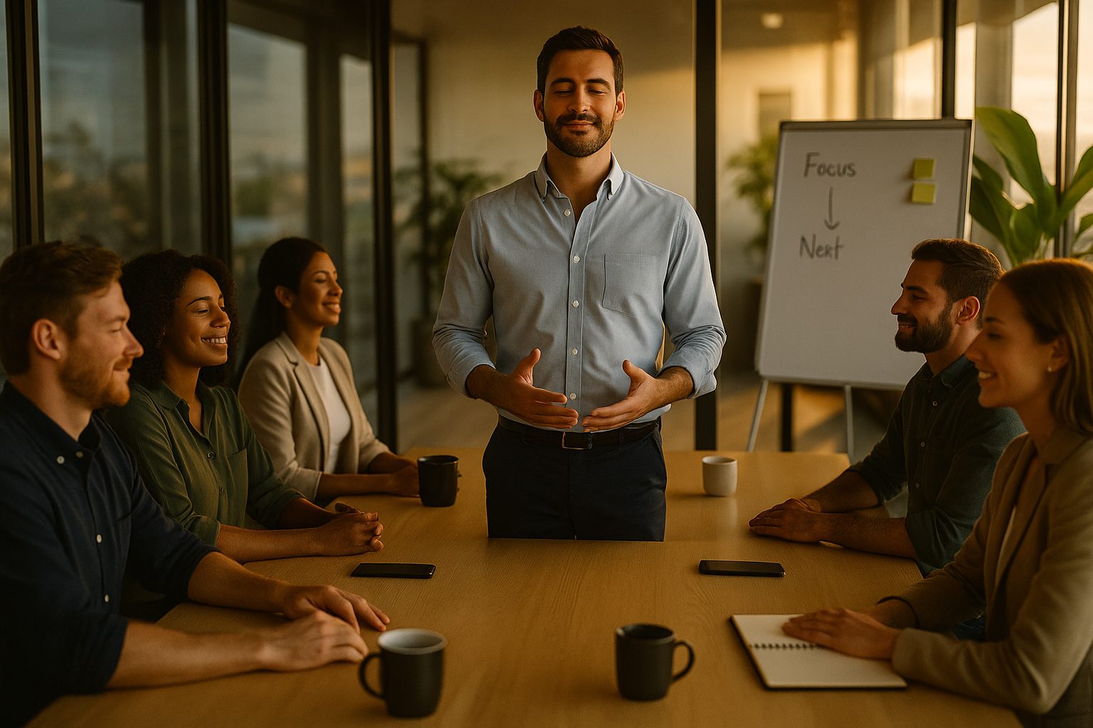 Equipe diversa de seis profissionais em sala de reunião iluminada por luz natural, em círculo, fazendo uma breve respiração guiada antes de decidir; laptops fechados, expressões serenas, clima de foco e colaboração.