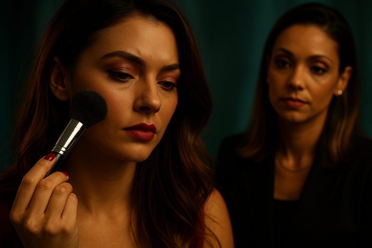 Close cinematográfico de uma mulher aplicando blush no rosto, enquanto outra mulher ao fundo observa com expressão séria e reflexiva.