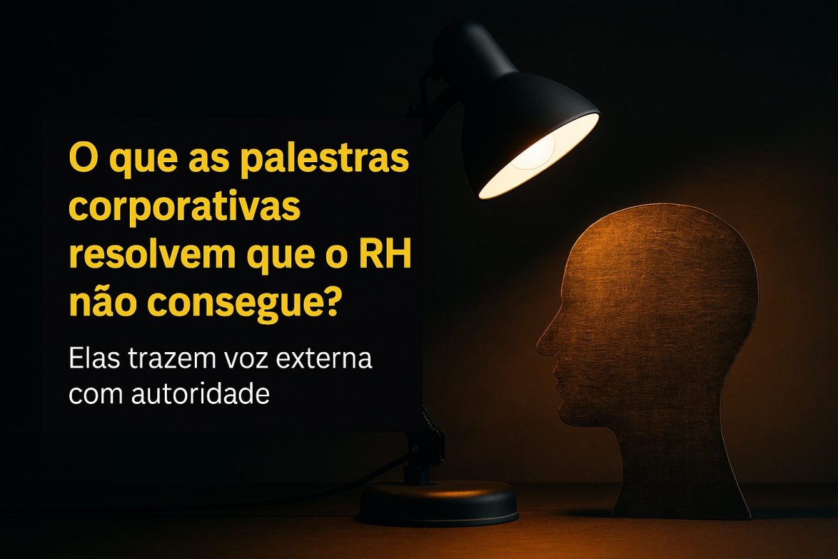 Silhueta de uma cabeça humana em madeira iluminada por um abajur, ao lado de texto sobre palestras corporativas e RH.