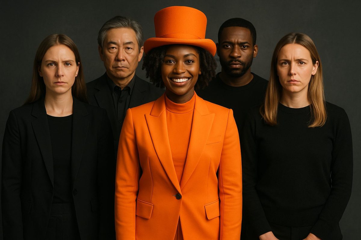 Mulher negra elegante de terno laranja e cartola sorri confiante no centro, cercada por duas mulheres brancas, um homem japonês e um homem negro, todos vestidos de forma simples e discreta.