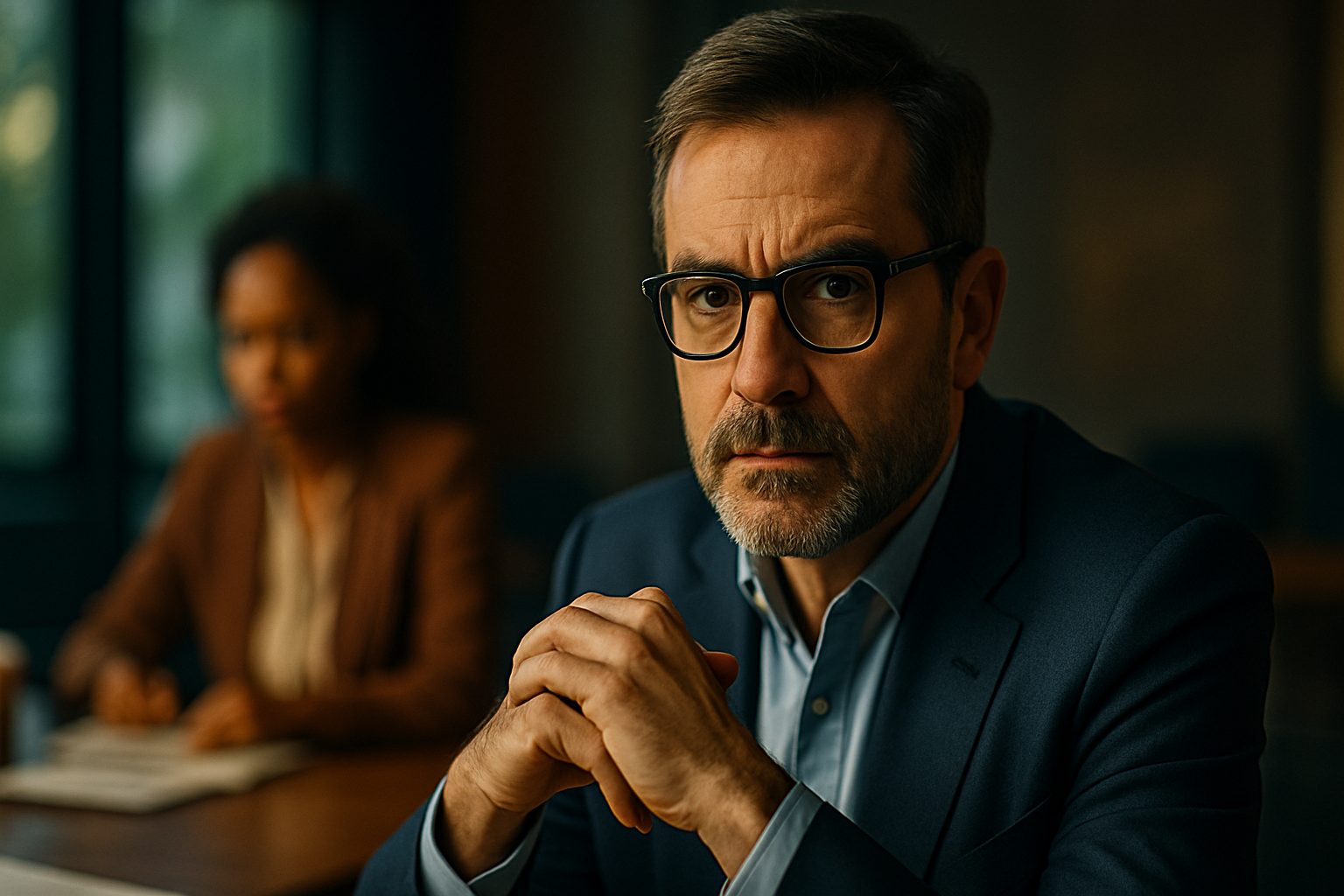 líder empresarial em destaque, com expressão séria e atenta, simbolizando a responsabilidade da liderança na qualidade de vida no trabalho.