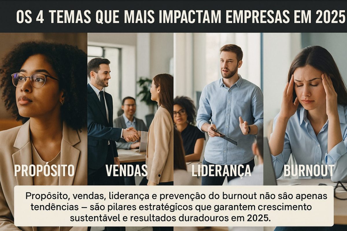 Montagem com quatro imagens representando os principais temas que impactam empresas em 2025: propósito, vendas, liderança e burnout.