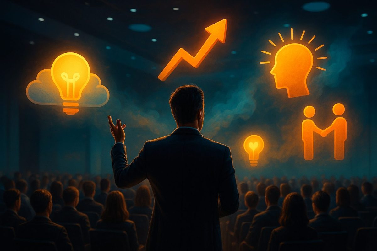 Imagem surreal em formato paisagem de um auditório corporativo, com um palestrante em destaque no palco e símbolos luminosos flutuando que representam inovação, crescimento, saúde mental e colaboração.