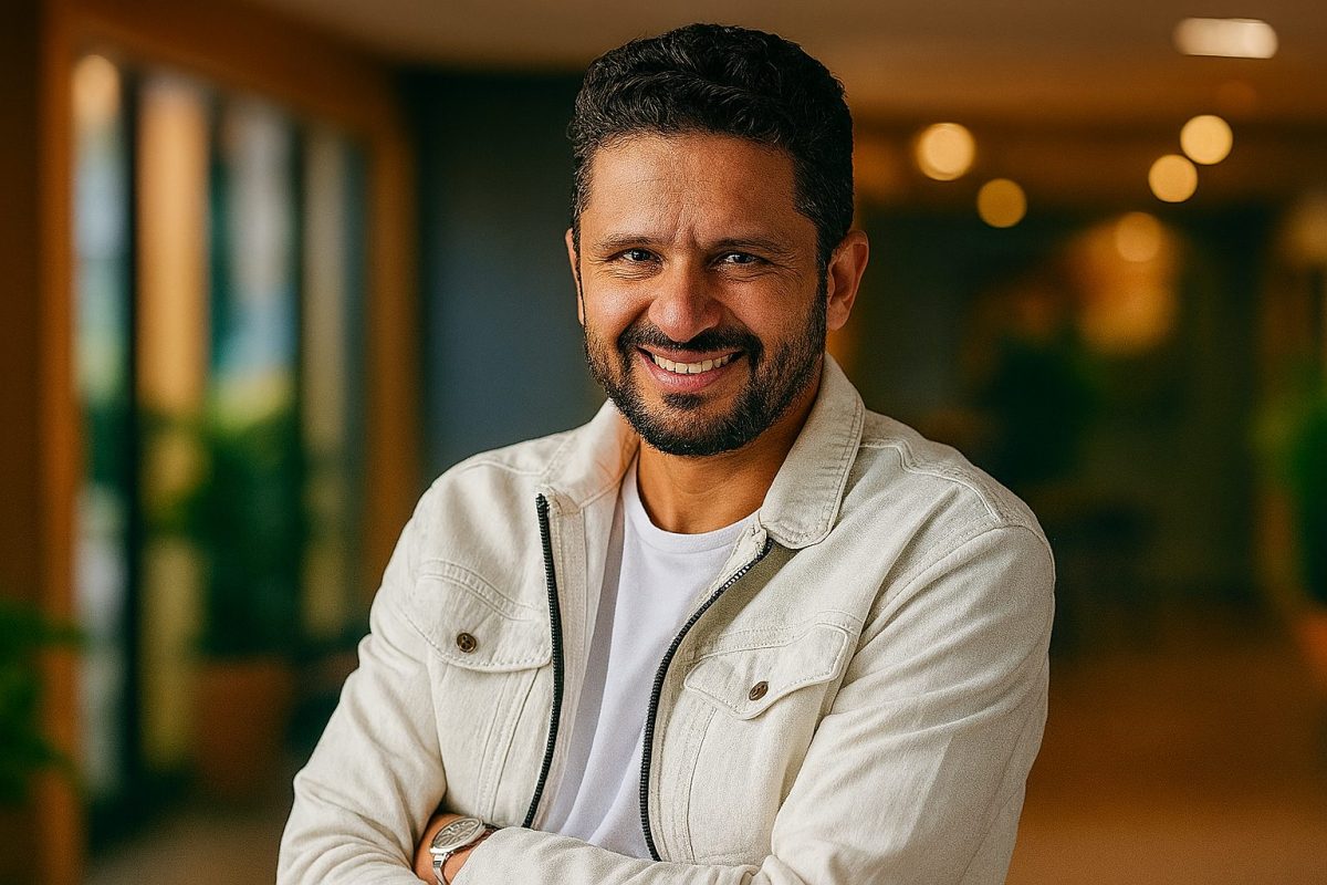 Daniel Carlos sorridente em ambiente profissional, simbolizando empatia e propósito na comunicação com o cliente.