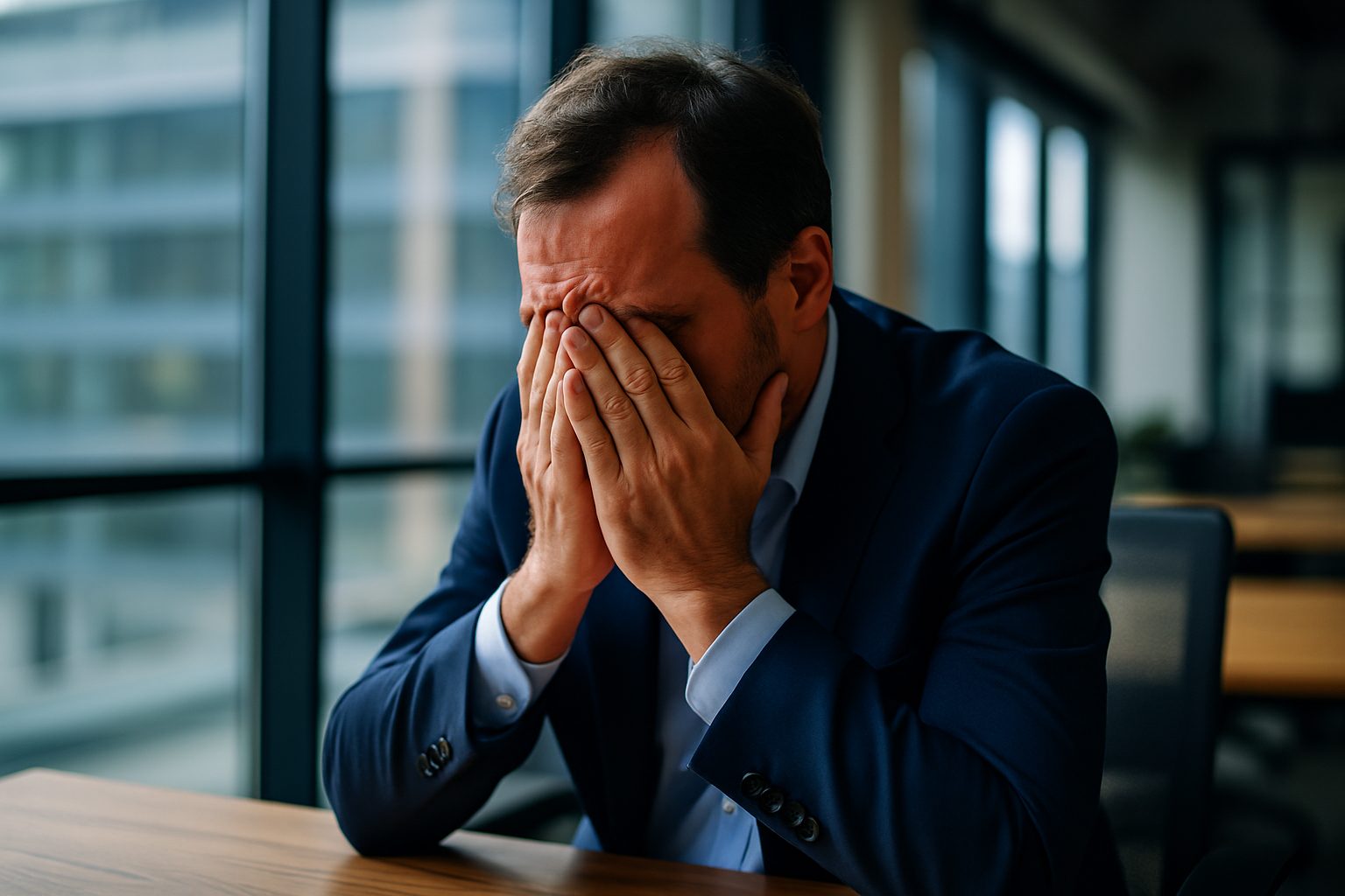 Homem de terno azul escuro, sentado em uma mesa de escritório moderna, com o rosto coberto pelas mãos, demonstrando sinais de cansaço e colapso emocional no trabalho.