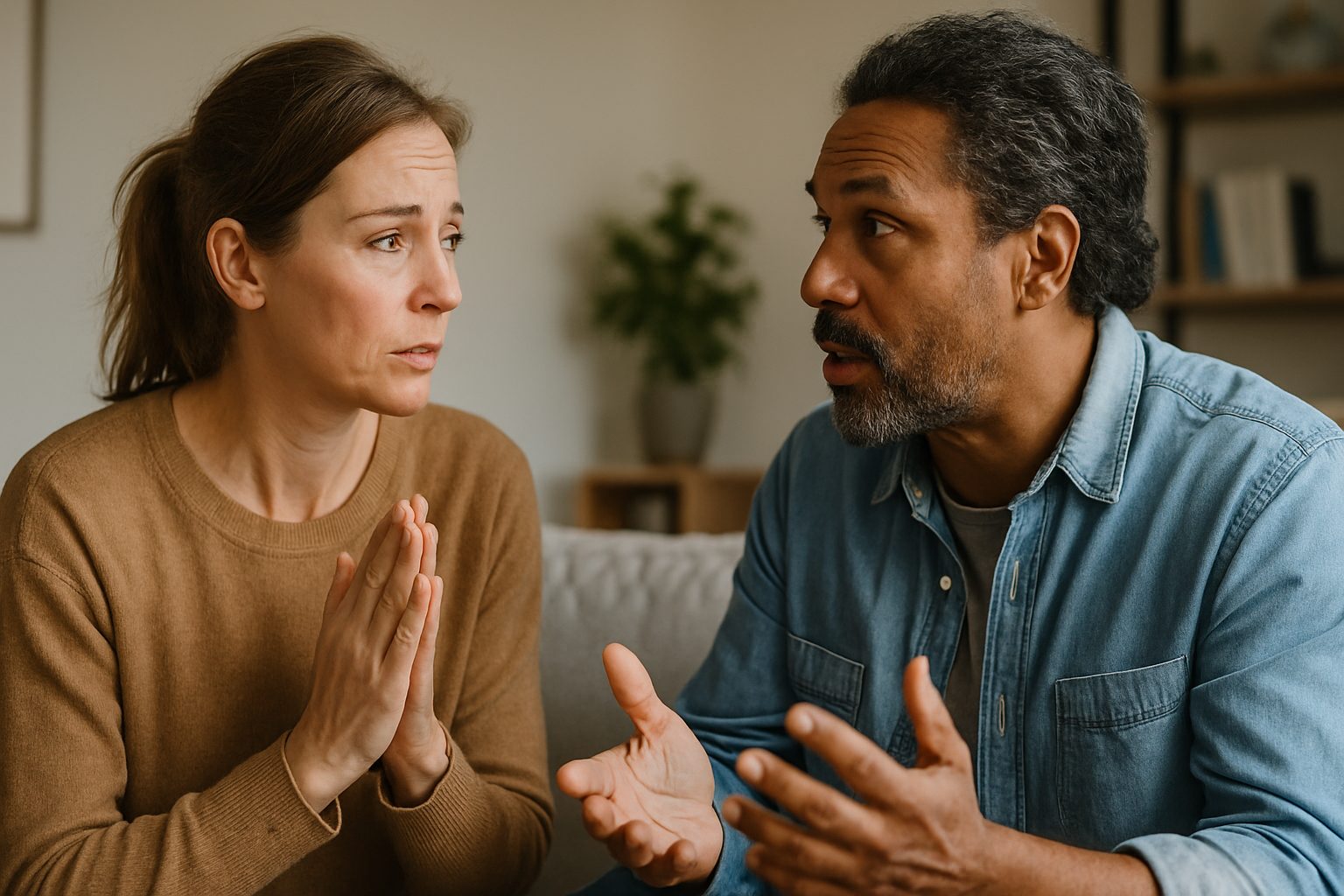 Casal em conversa emocional, ilustrando empatia e escuta ativa em uma situação de comunicação não violenta.