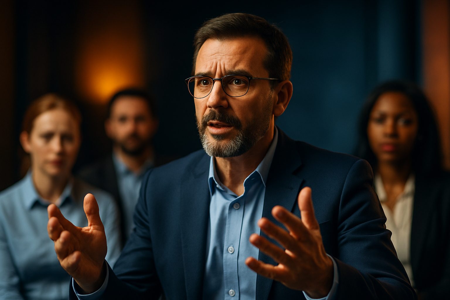 Líder corporativo de meia-idade, em terno azul, falando com seriedade e gesticulando em uma reunião, enquanto colaboradores ao fundo ouvem atentos.