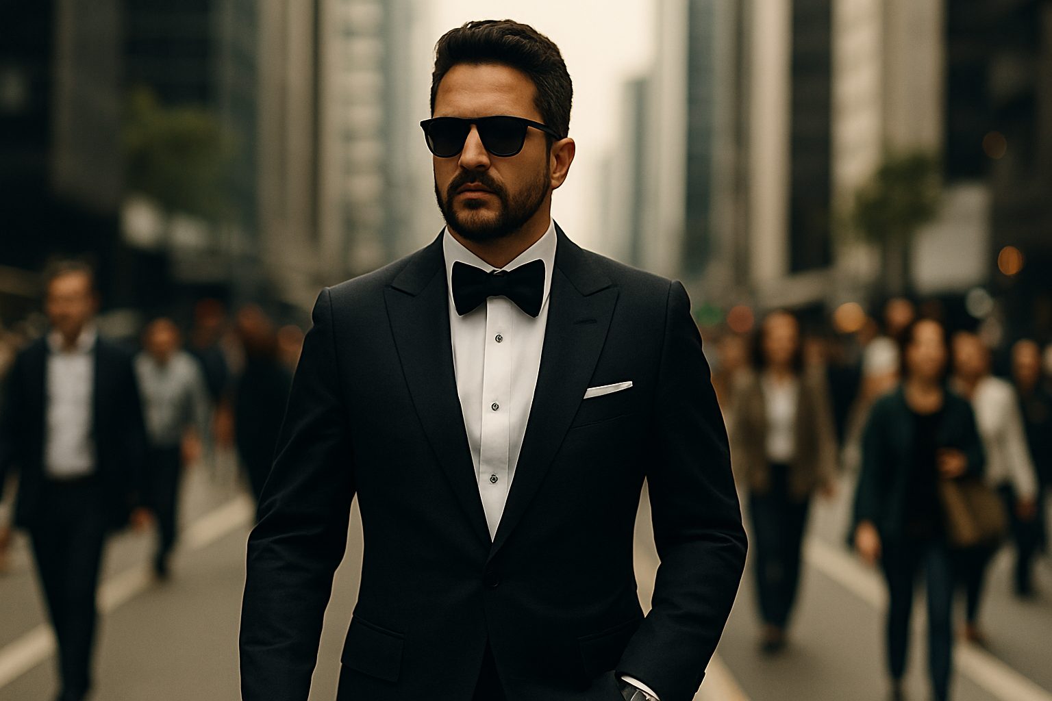 Homem elegante de terno preto e gravata borboleta caminha com confiança pela Avenida Paulista, em São Paulo, destacando-se em meio à multidão.