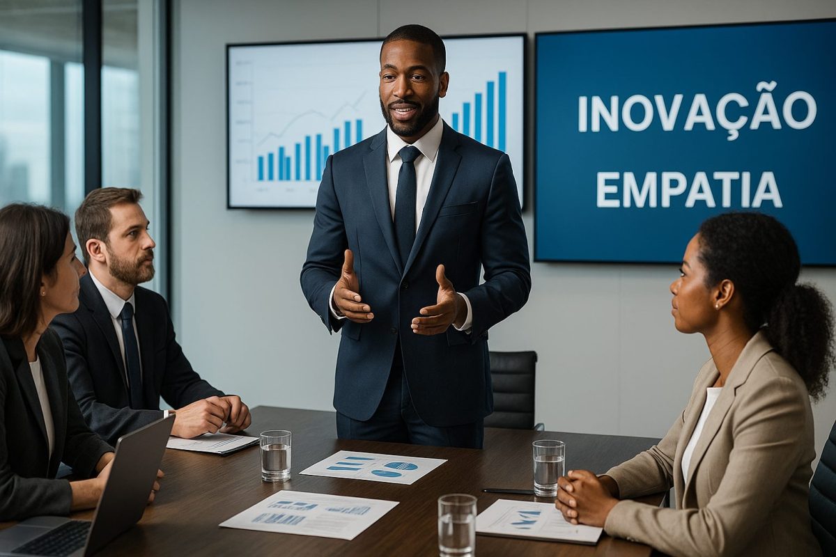Líder em terno azul conduz reunião corporativa, com gráficos e dados exibidos em telões e a palavra “Inovação” e “Empatia” ao fundo.