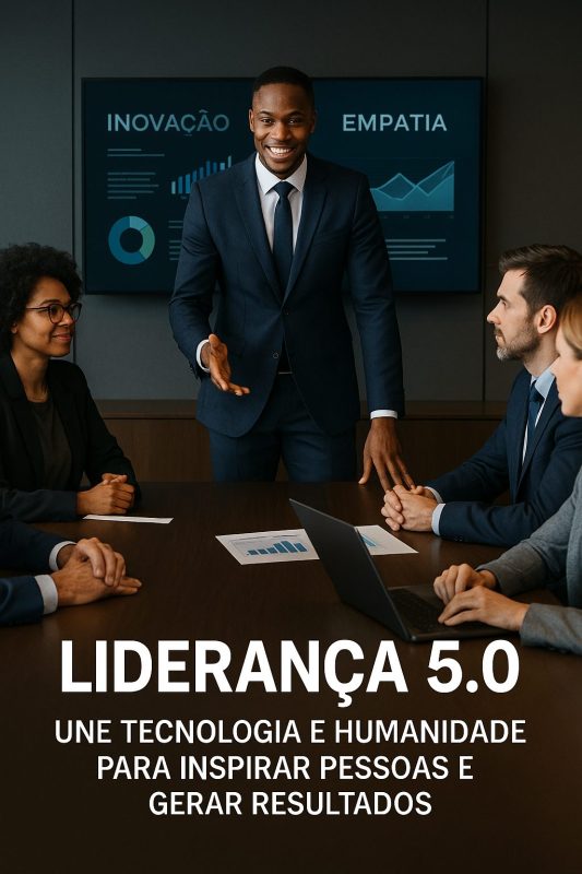 Líder moderno conduz reunião com equipe, com telões ao fundo exibindo gráficos e palavras “Inovação” e “Empatia”.