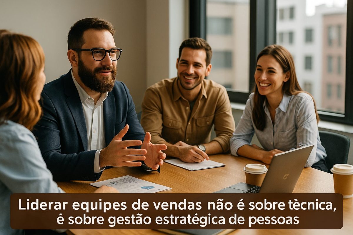 Um líder barbudo de terno azul conversa com sua equipe de vendas em um escritório iluminado, enquanto três colegas escutam com atenção e sorriem ao redor da mesa de reunião.
