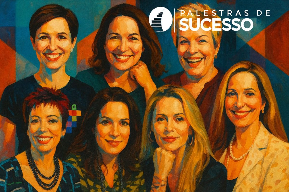 Retrato artístico moderno mostrando sete palestrantes mulheres da Palestras de Sucesso, reunidas em uma composição vibrante com o logotipo oficial.
