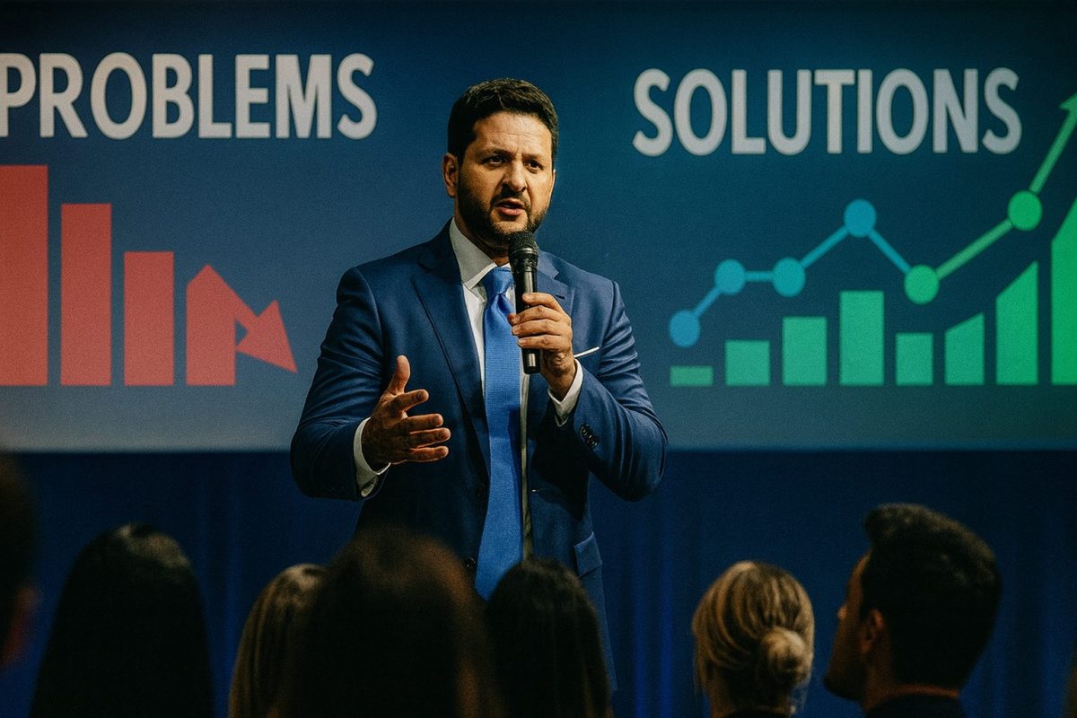 Palestrante em terno azul ministra palestra em auditório corporativo, segurando microfone diante de telão com gráficos de “Problems” e “Solutions”.