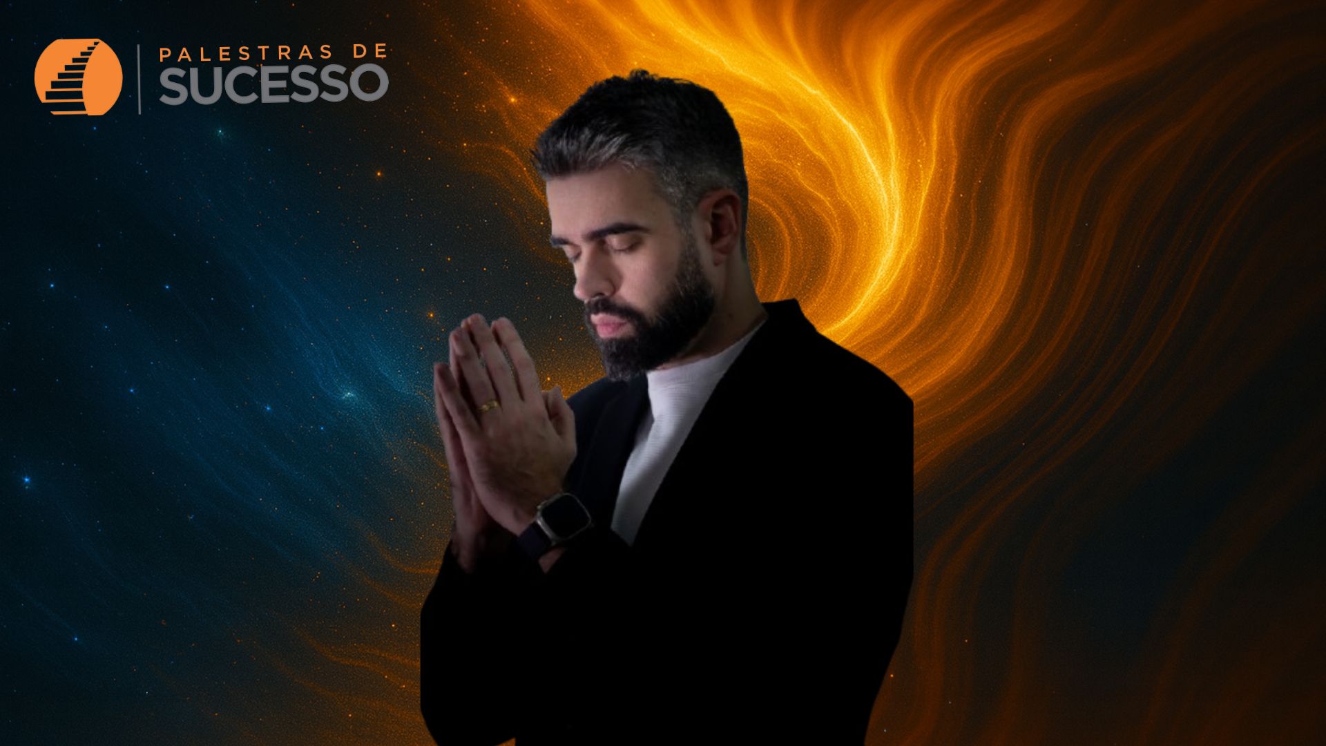 “Palestrante em posição de oração diante de fundo cósmico em azul e dourado, simbolizando espiritualidade e alta performance.”