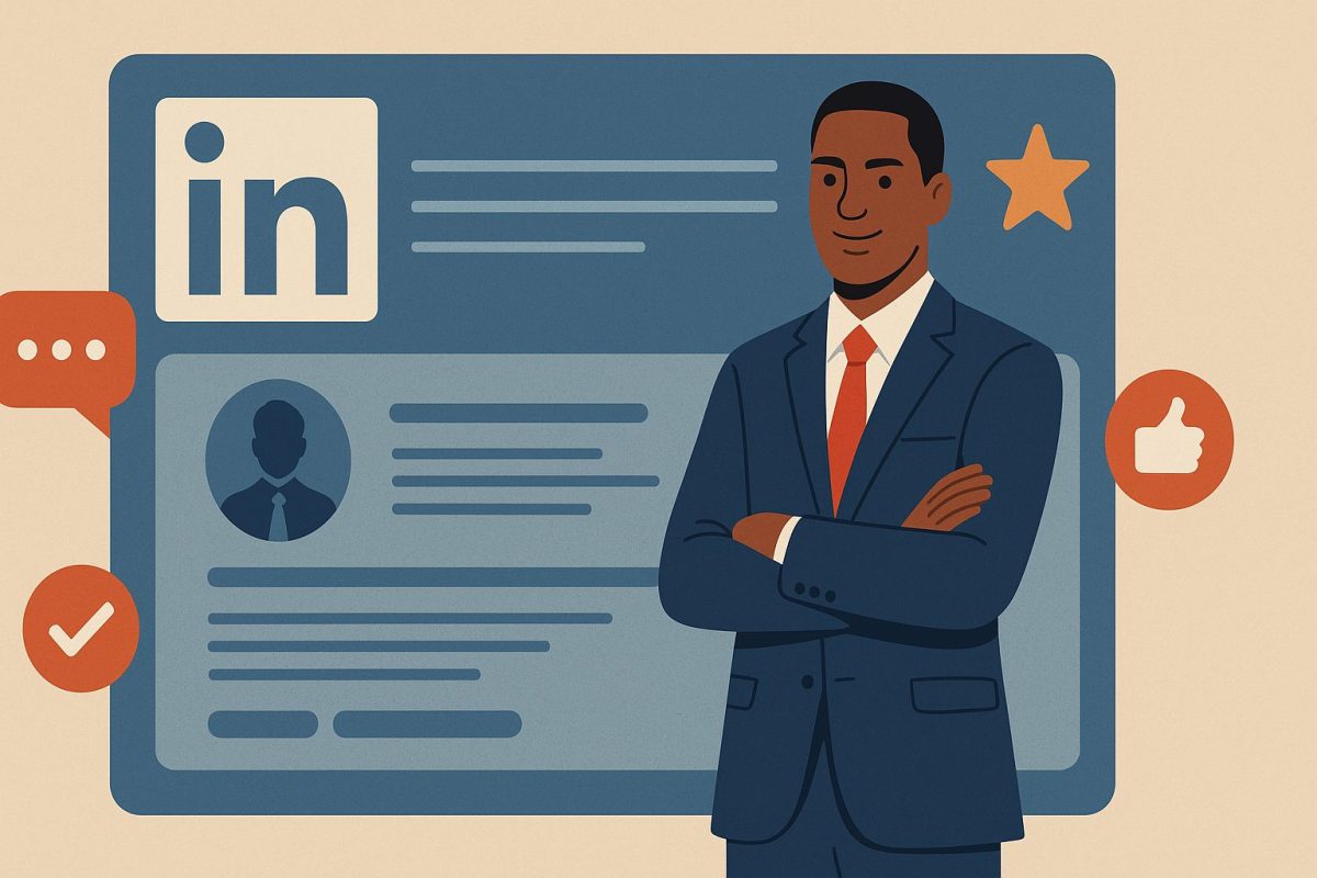 Ilustração digital em estilo moderno mostrando um palestrante em terno azul e gravata vermelha, em frente a um grande telão estilizado do LinkedIn com ícones de engajamento (curtida, estrela, mensagens e check).