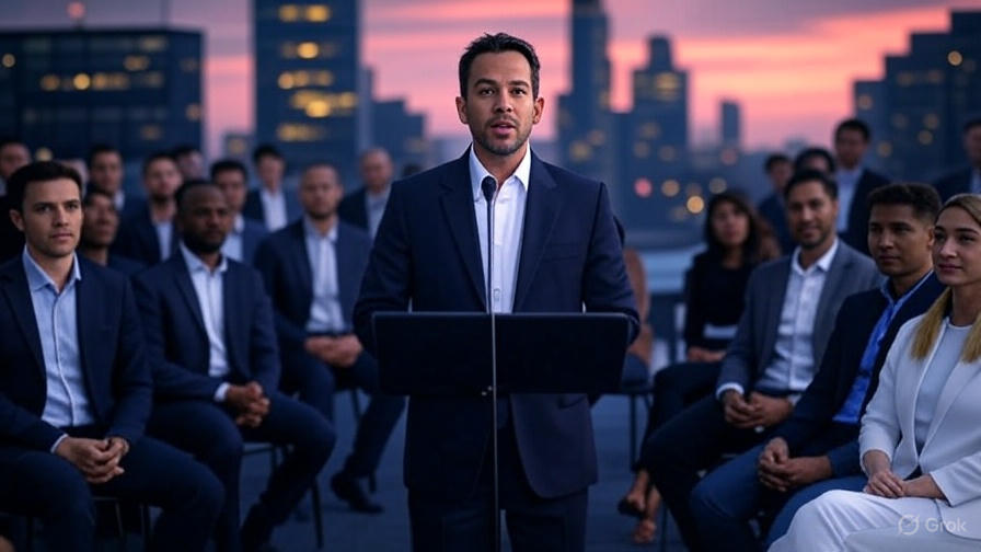 "Palestrante profissional de terno preto em pódio, dirigindo-se a uma audiência diversa de executivos em uma sala de conferências sofisticada com vista para skyline ao pôr do sol, evocando discussões sobre credenciais e engajamento em eventos corporativos."