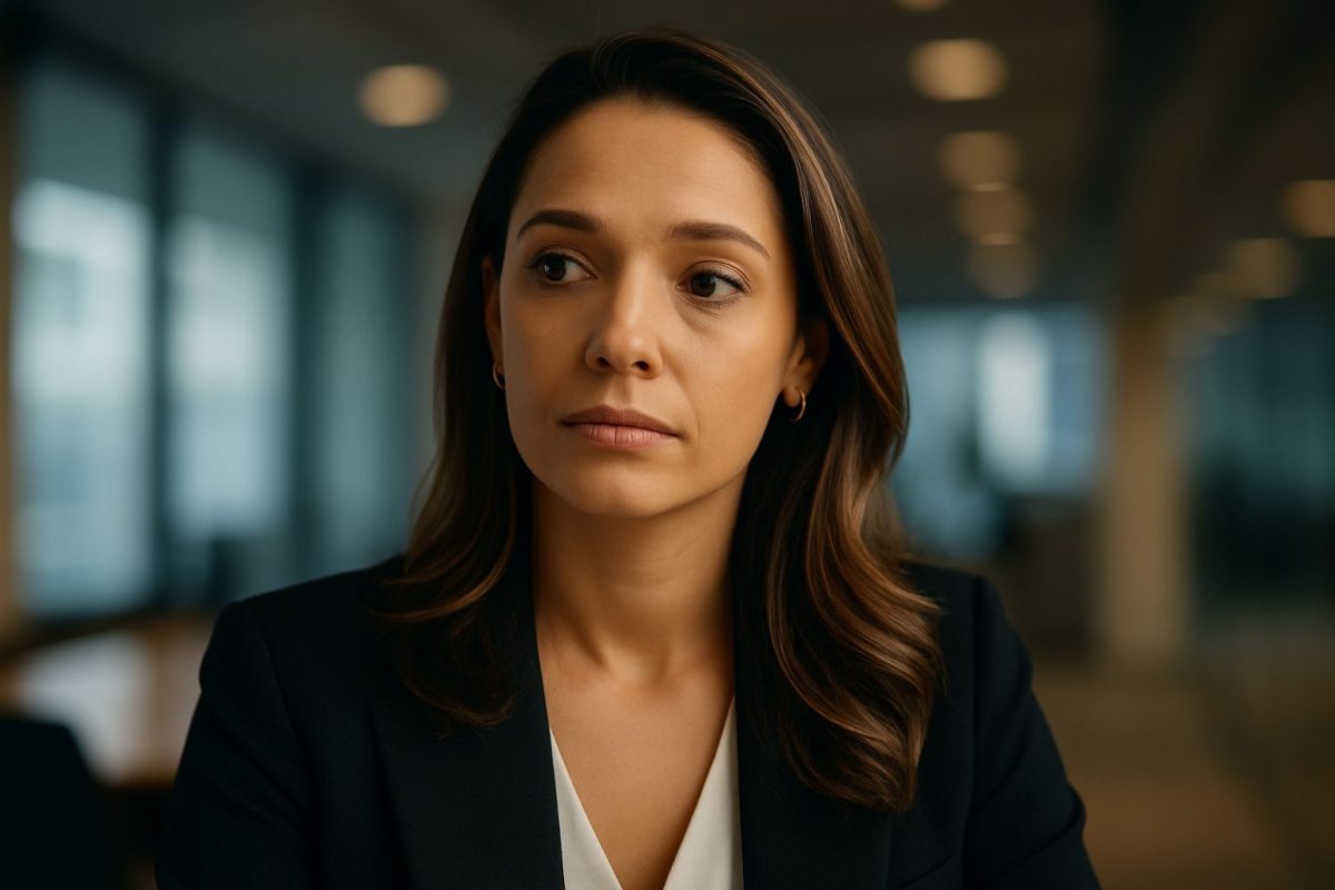 Mulher em ambiente corporativo realista, com expressão reflexiva e serena, simbolizando a importância de reconhecer os sintomas iniciais do burnout