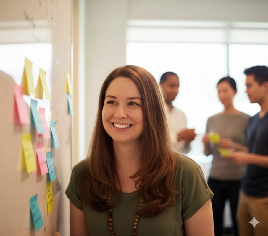 Mulher sorridente em frente a um quadro branco com post-its coloridos, participando de uma dinâmica colaborativa em equipe.