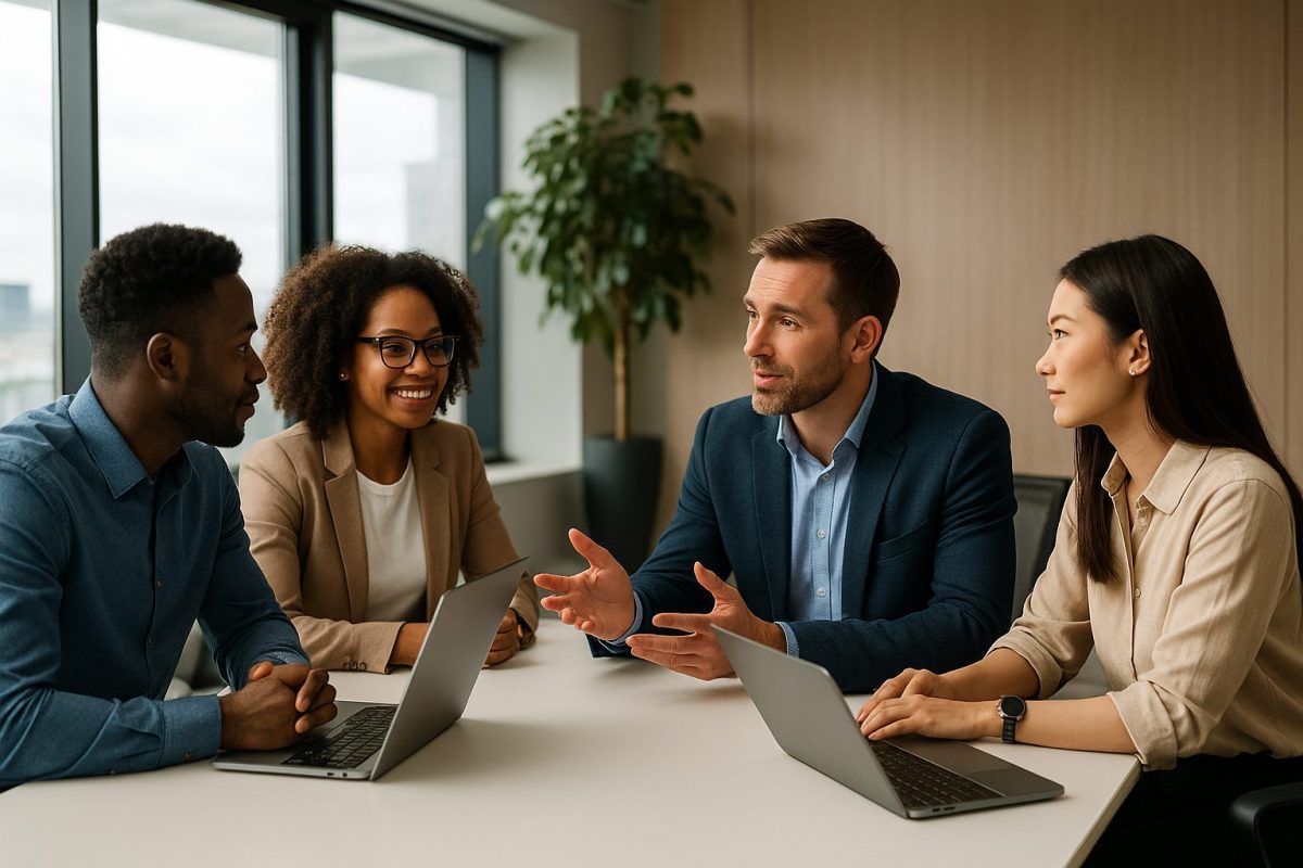 “Quatro profissionais em uma sala de reuniões moderna, conversando de forma colaborativa em torno de uma mesa com laptops, representando saúde emocional e produtividade no ambiente corporativo.”