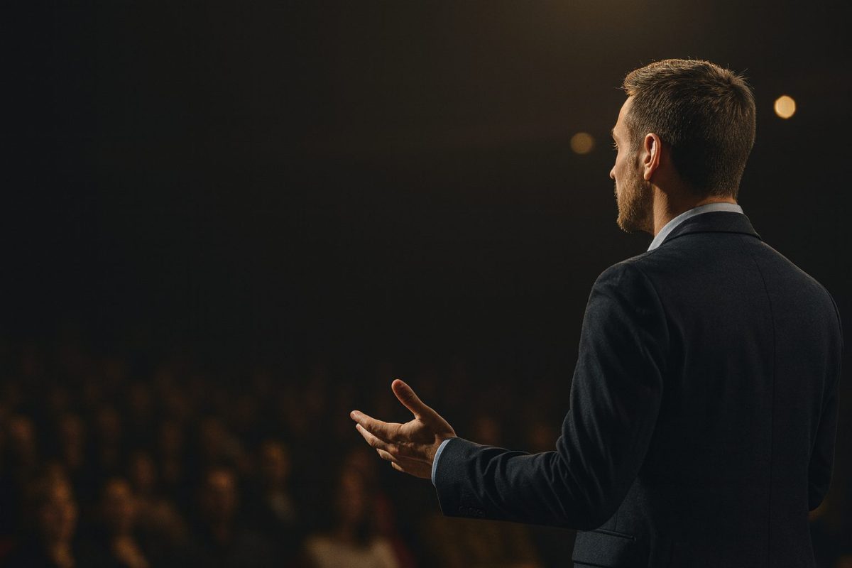 Palestrante em destaque no palco, iluminado por refletores, enquanto a plateia aparece em sombra e desfocada, simbolizando o risco da invisibilidade e do esquecimento após a apresentação.