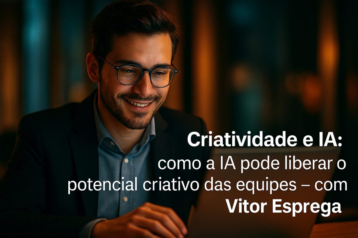 Profissional sorridente em ambiente corporativo usando laptop, simbolizando o uso da inteligência artificial para liberar tempo e ampliar a criatividade das equipes.