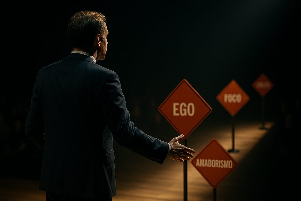 Palestrante em um palco iluminado, de costas, gesticulando em direção a placas no caminho com palavras como “Ego”, “Amadorismo” e “Foco”, simbolizando armadilhas que podem sabotar a carreira.