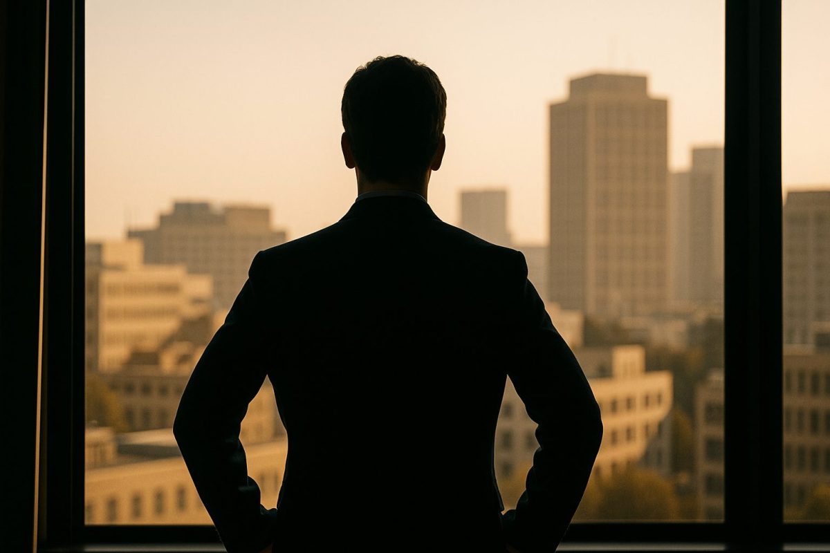 Silhueta de um palestrante em traje formal observando a cidade iluminada através de uma grande janela, sugerindo reflexão e invisibilidade apesar da expertise.