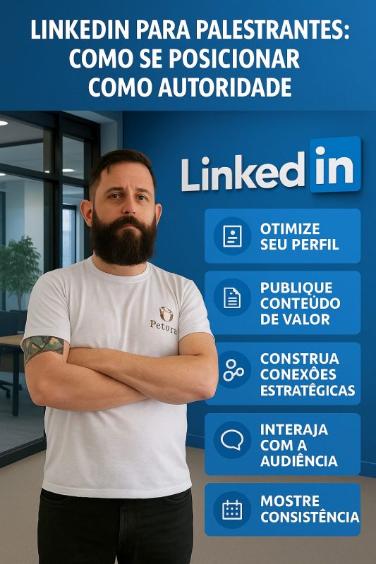 Infográfico hiper-realista mostrando o homem de barba e camiseta branca com braços cruzados, inserido em um escritório moderno com logo do LinkedIn ao fundo e blocos azuis com os 5 passos para palestrantes se posicionarem na plataforma.