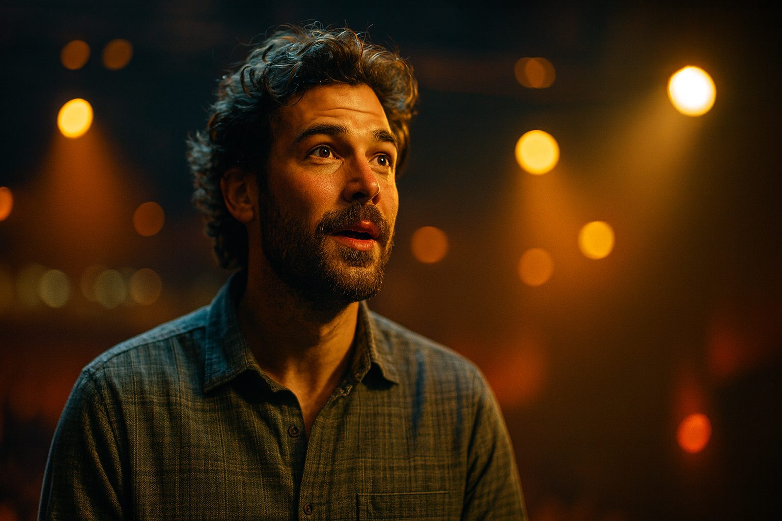 Homem em close cinematográfico, sob holofotes dourados no palco, transmitindo frio na barriga e curiosidade no trabalho.