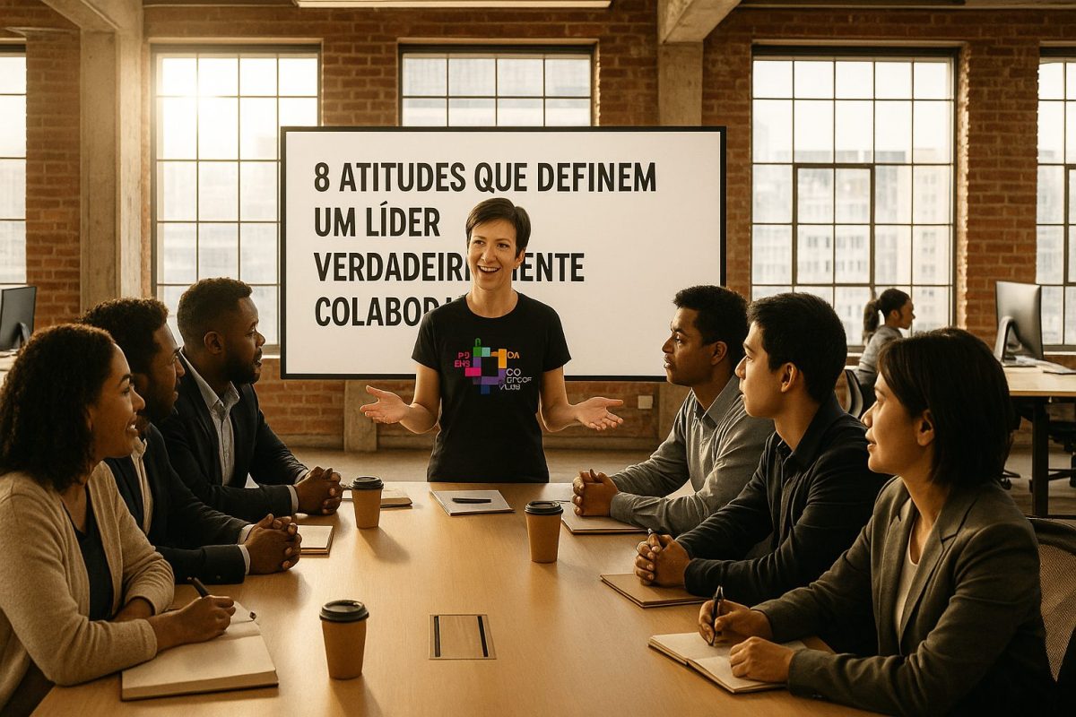 Uma palestrante brasileira apresenta diante de uma mesa de reunião, cercada por profissionais negros e brancos, em um ambiente corporativo moderno.