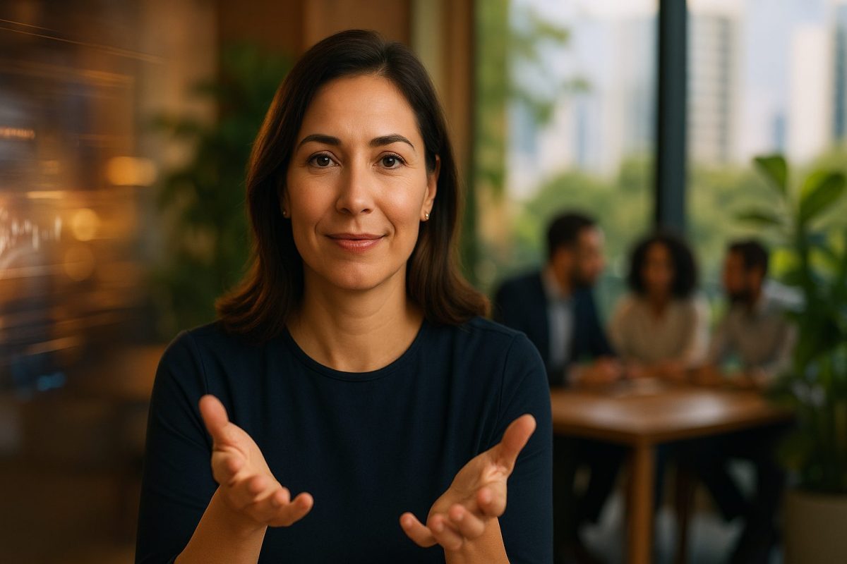 Líder em close com as mãos abertas em gesto de acolhimento, em escritório com equipe desfocada ao fundo, simbolizando liderança com propósito e relações sustentáveis.